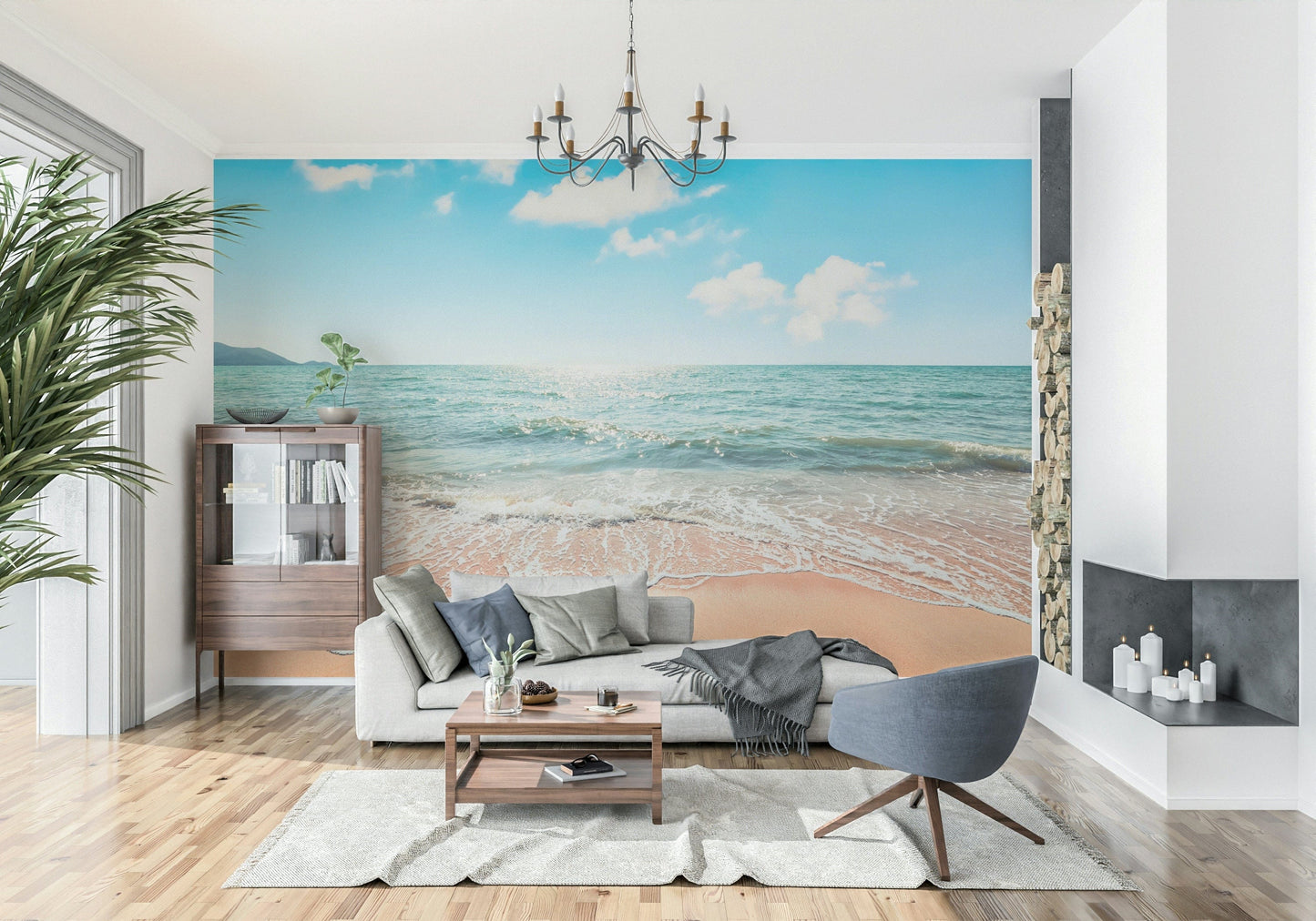 Tranquil blue water Serene, pristine beach ocean wall decor design.