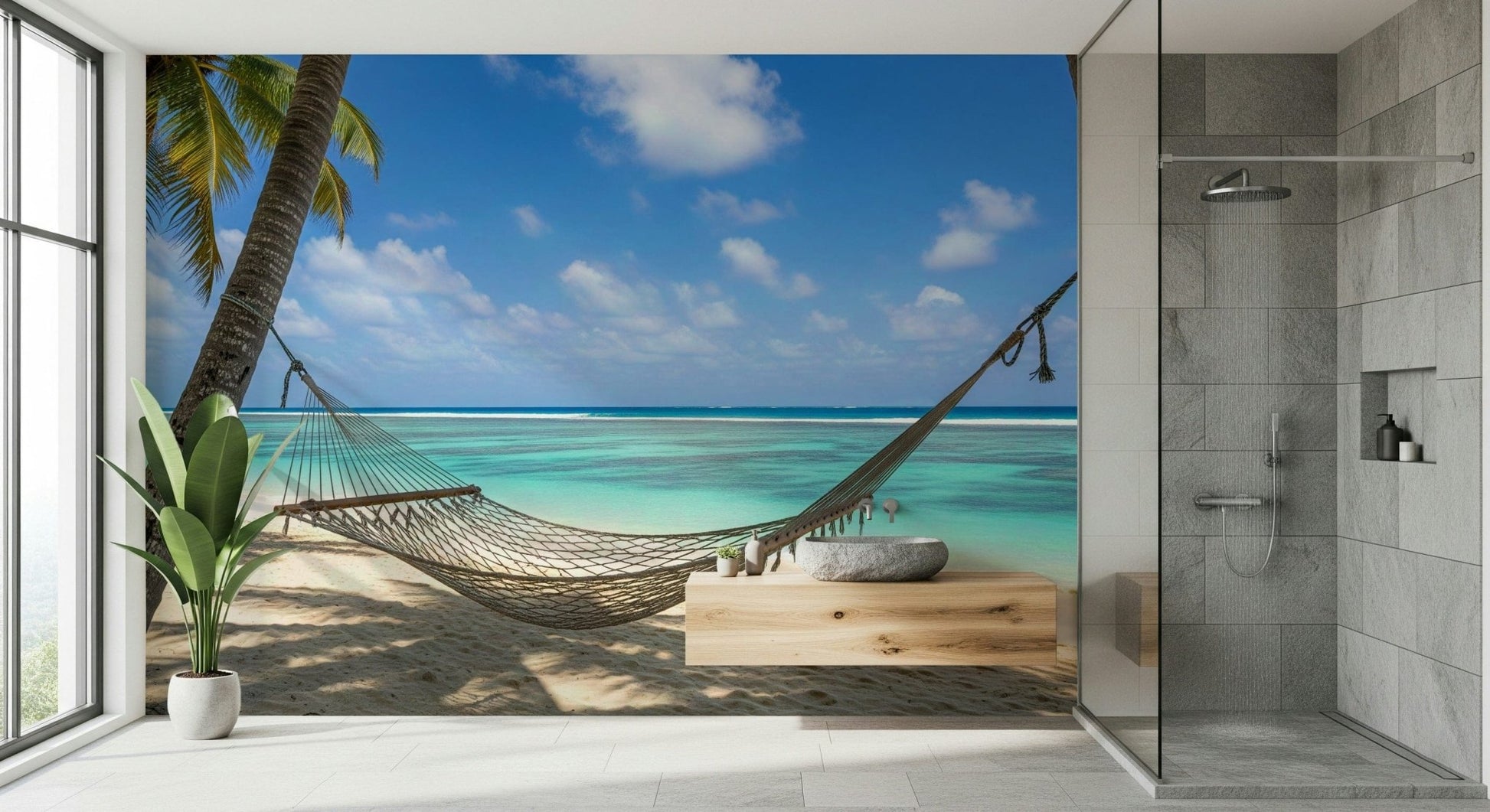 Beach Hammock Haven wallpaper mural of a hammock over a lagoon beside a glass walk-in shower in a grey-tiled bathroom