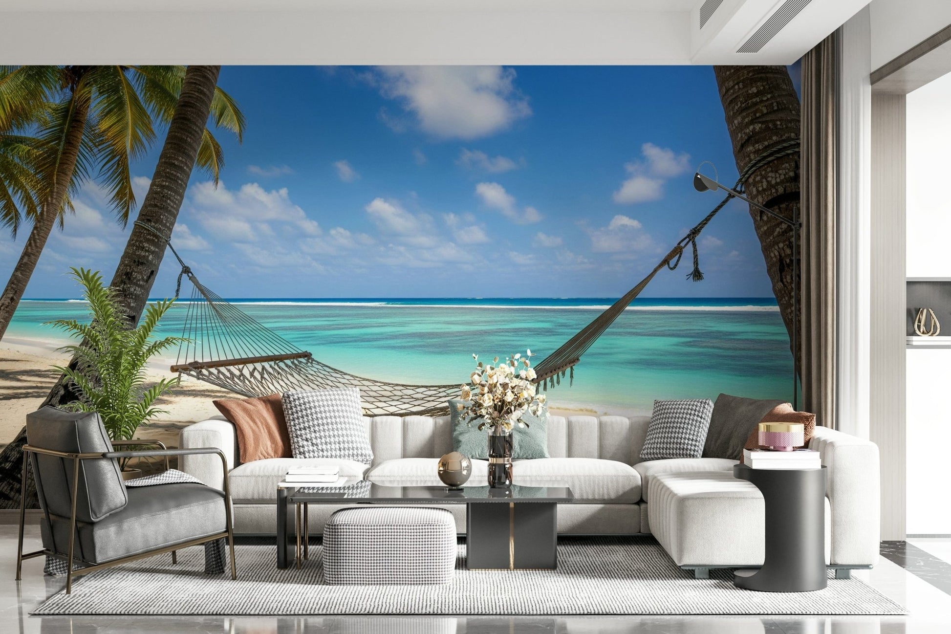 Beach Hammock Haven wallpaper mural of a hammock over turquoise water behind a white sectional and grey accent chair