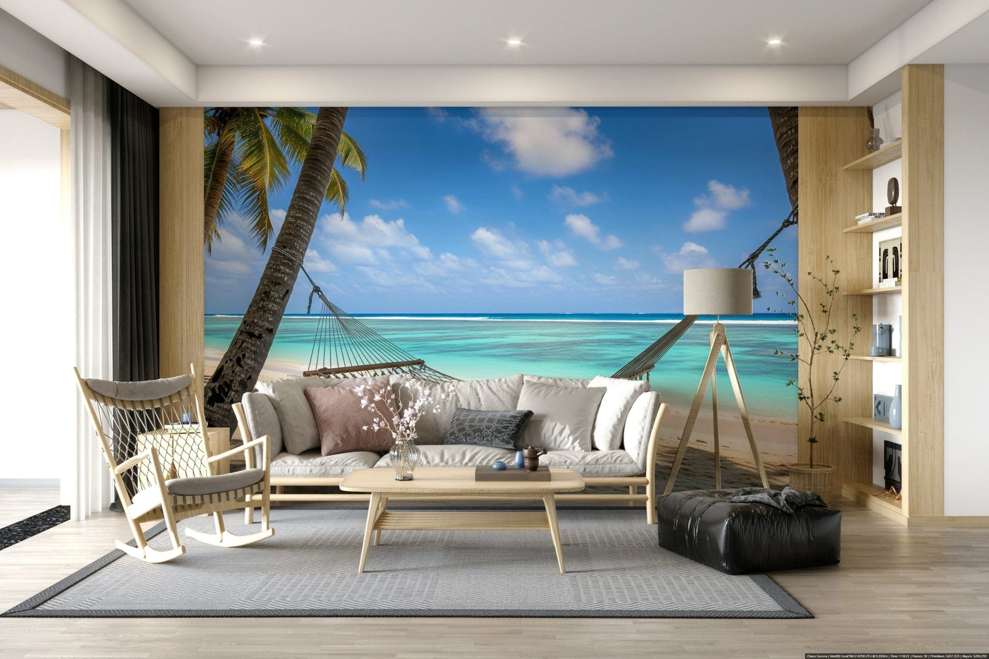 Beach Hammock Haven wallpaper mural of palms and lagoon behind a cream sofa and wood rocking chair in a bright living room