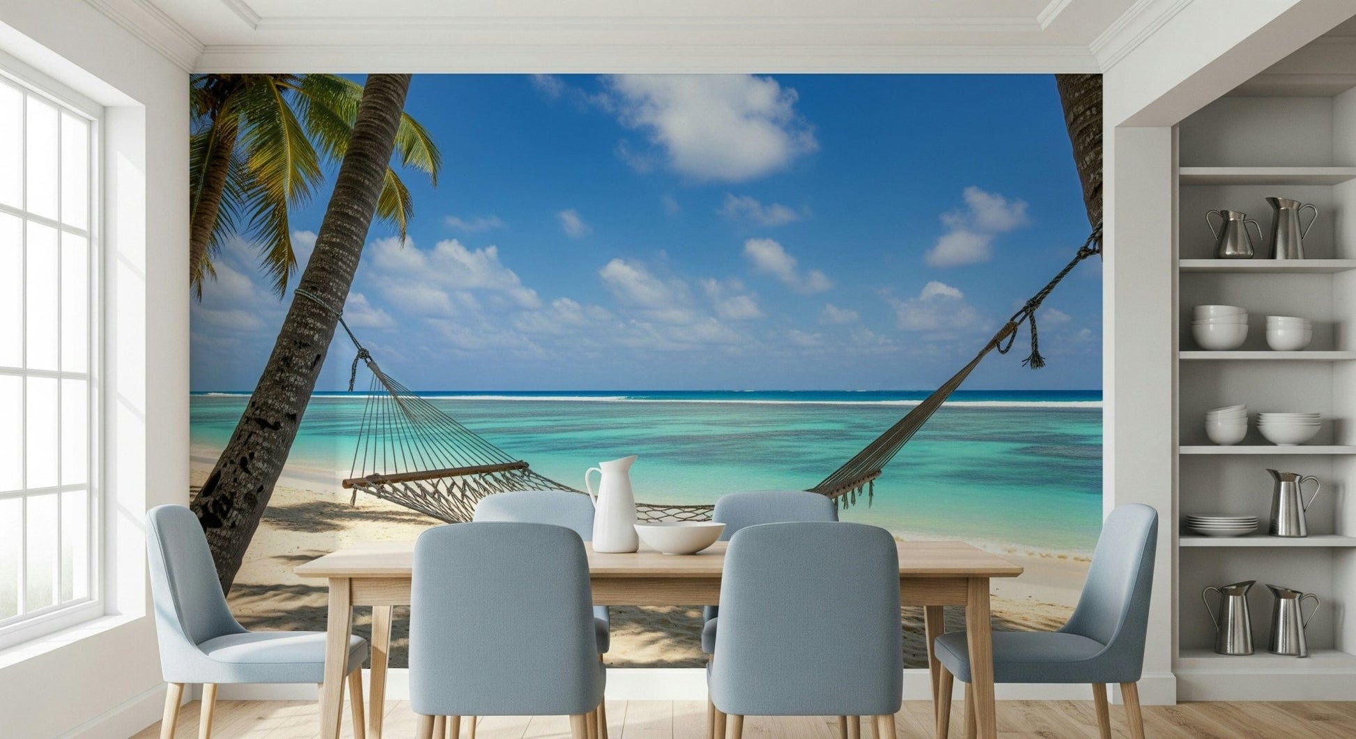 Beach Hammock Haven wallpaper mural of a beach hammock behind a wood dining table with pale blue chairs in a dining room