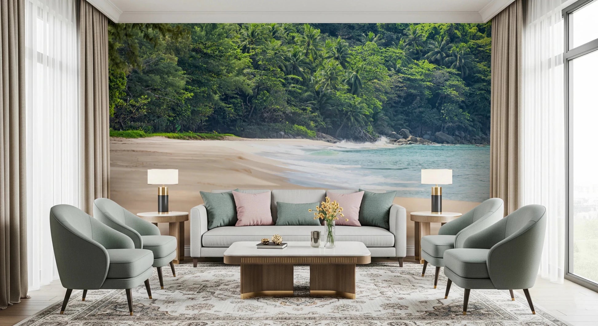 Beach Haven wall mural of a jungle cove behind a white sofa flanked by sage green armchairs and twin lamps