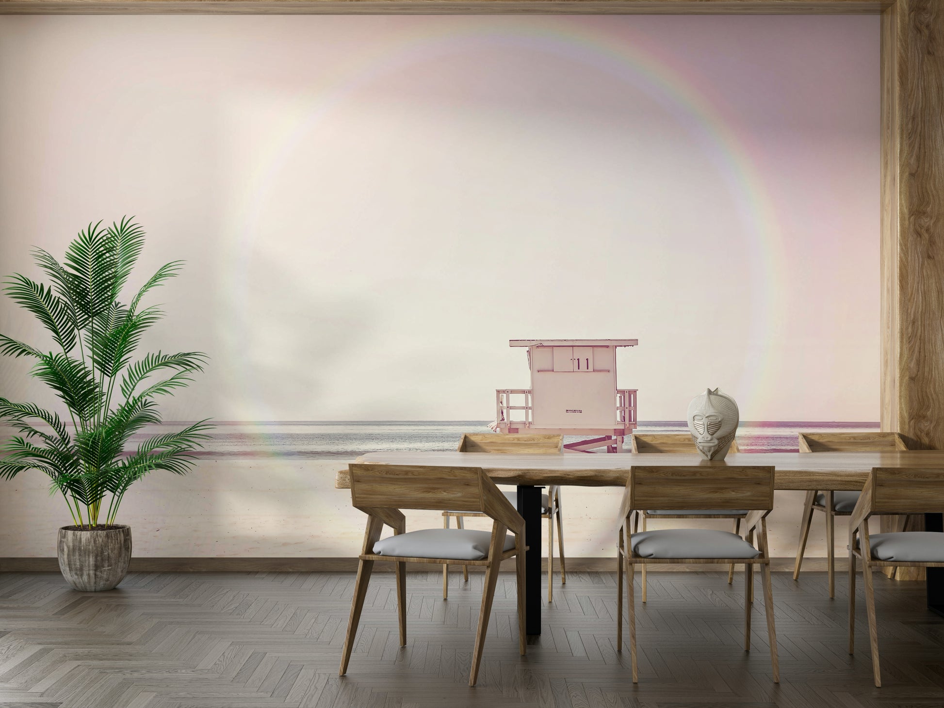 Coastal-themed wallpaper featuring beach huts

