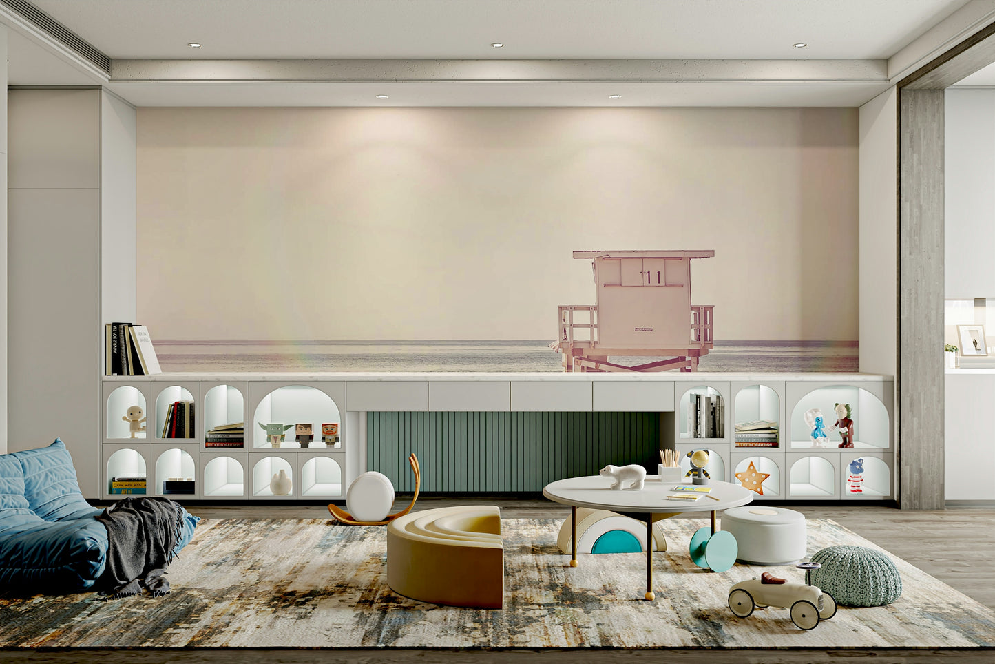 Beach hut wallpaper with colorful seaside cabins

