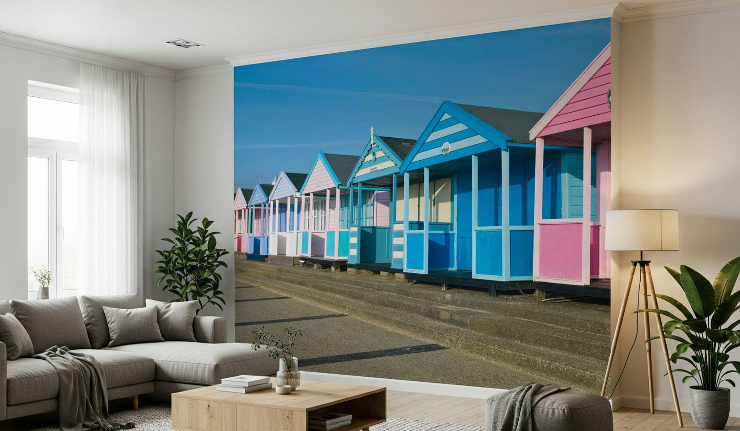 Vibrant Seaside Vibe wallpaper, row of blue and pink huts.