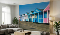 Vibrant Seaside Vibe wallpaper, row of blue and pink huts.