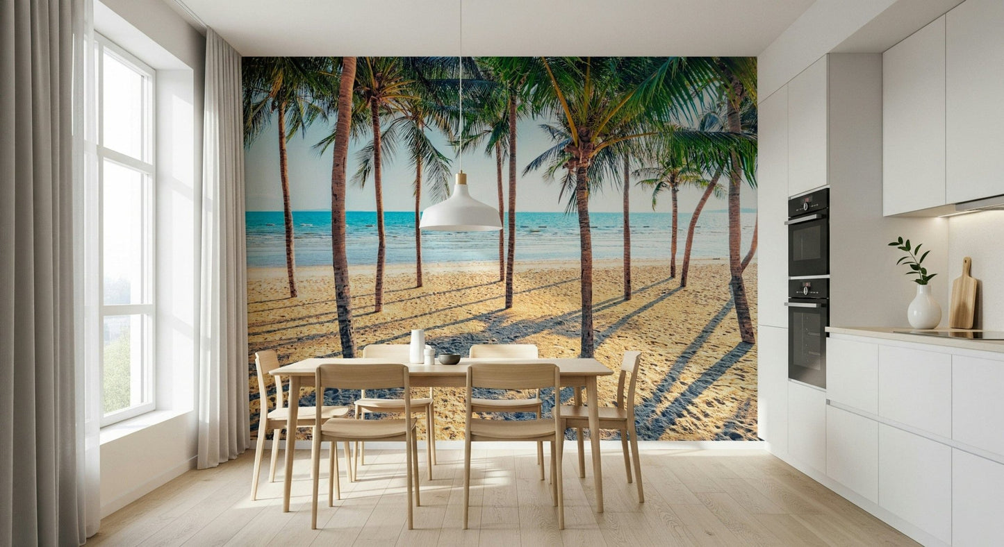 Coastal coconut tree wallpaper mural for breezy home decor.