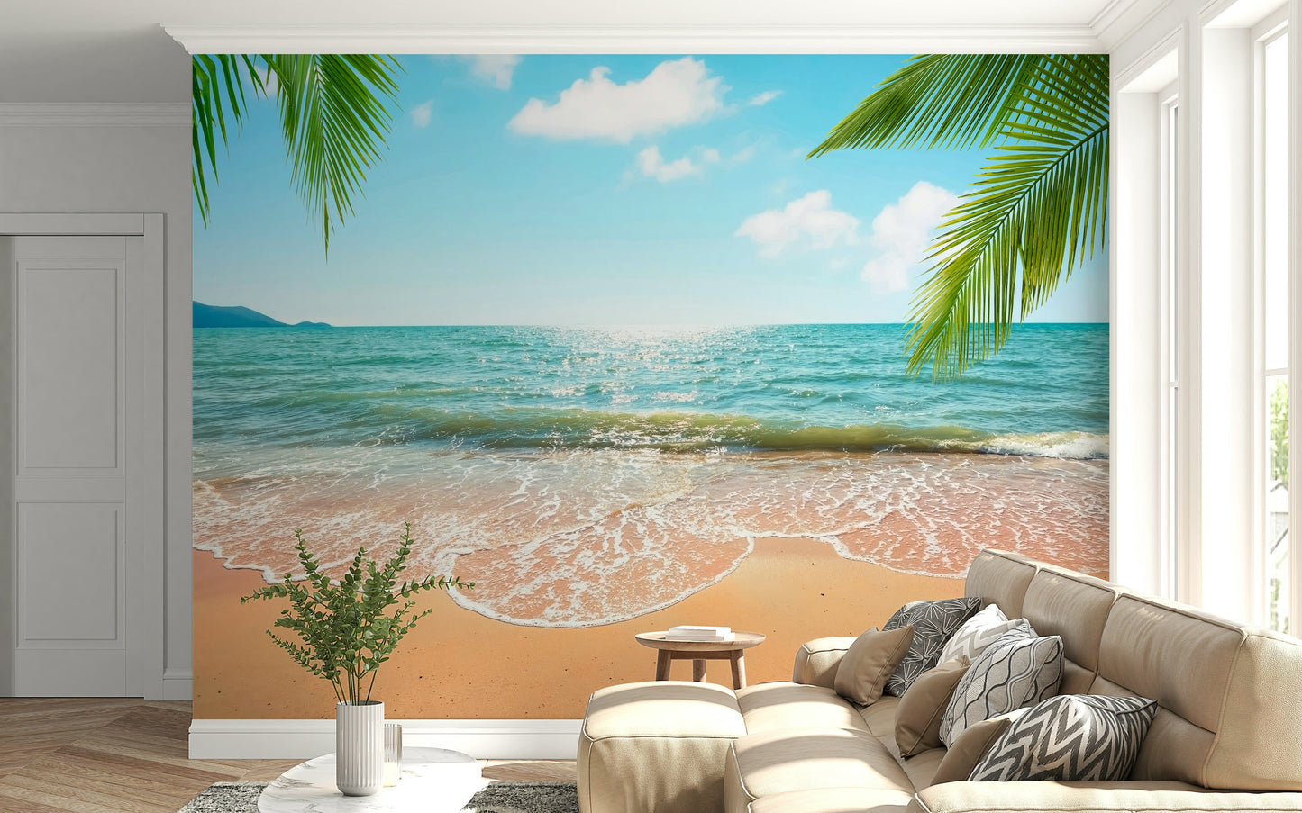 Picture-perfect Beachside Bliss mural, ocean scenery, tropical fronds, stunning feature.