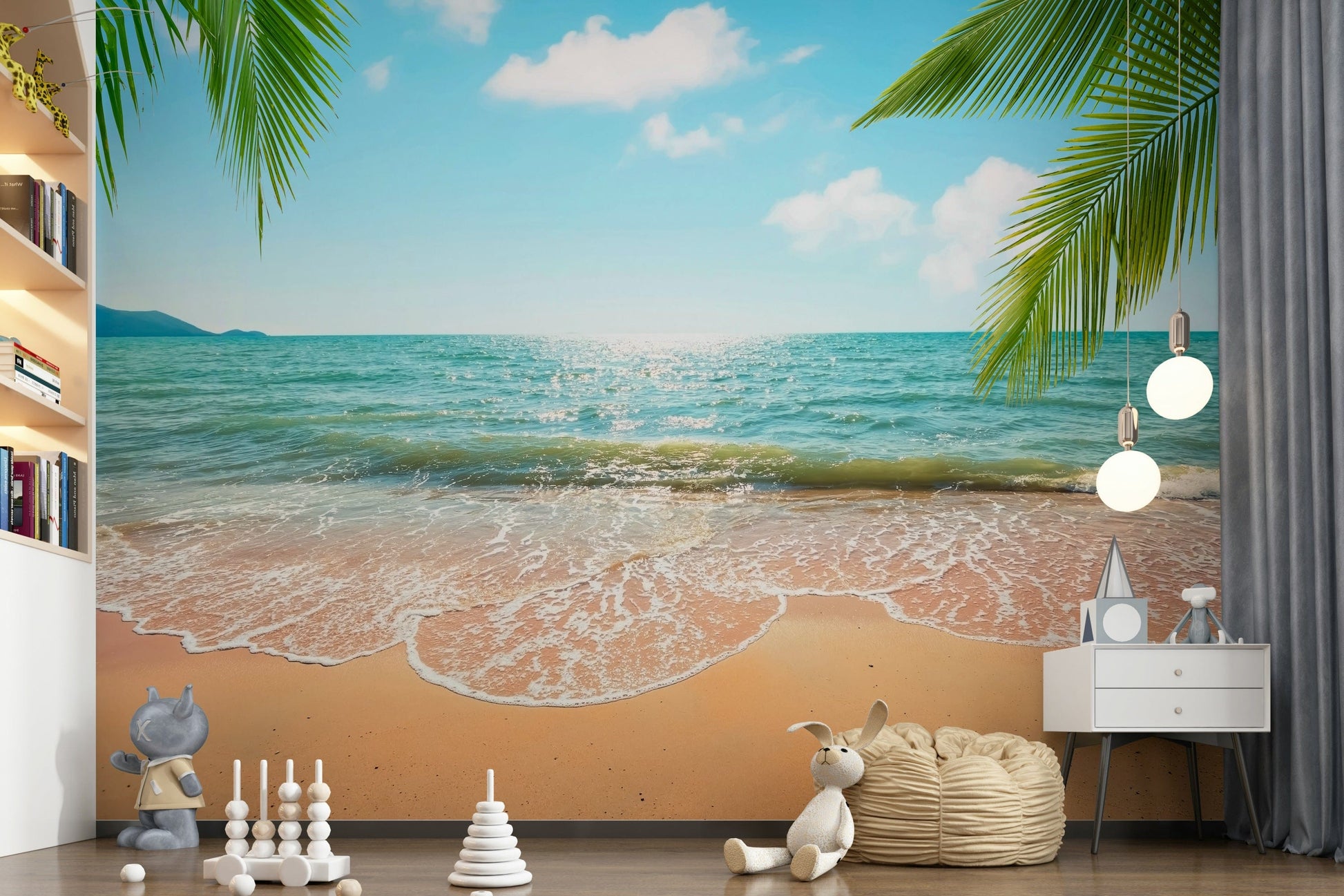 Coastal Beachside Bliss wallpaper, dazzling light, tranquil water, immersive art.