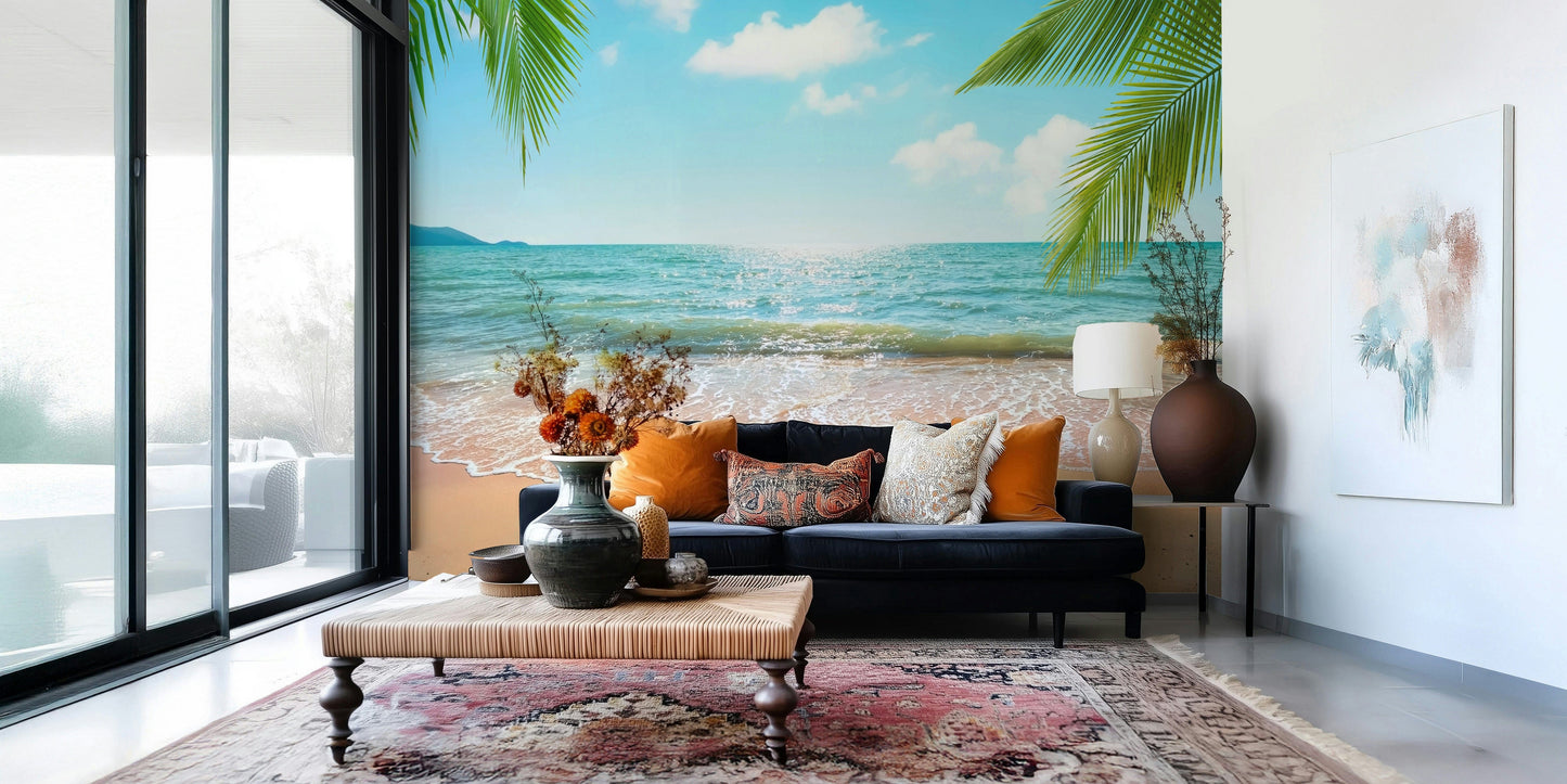 Ocean Beachside Bliss wall mural, clear sky, sandy expanse, beautiful print.