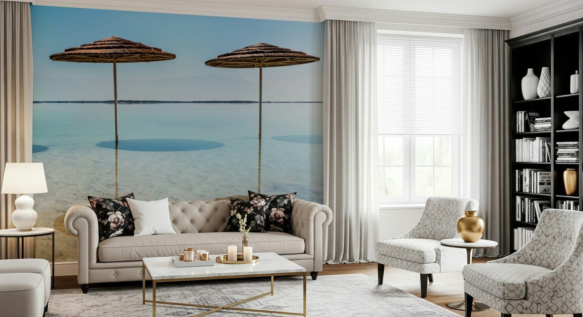 Exotic Beach Parasols mural calming ocean landscape shadow circles
