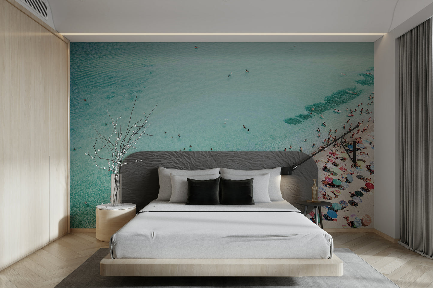 Beach People Wall Mural featuring vibrant beachgoers and surf.

