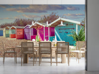 Rustic beach huts artwork, capturing Beach Row Bliss essence.