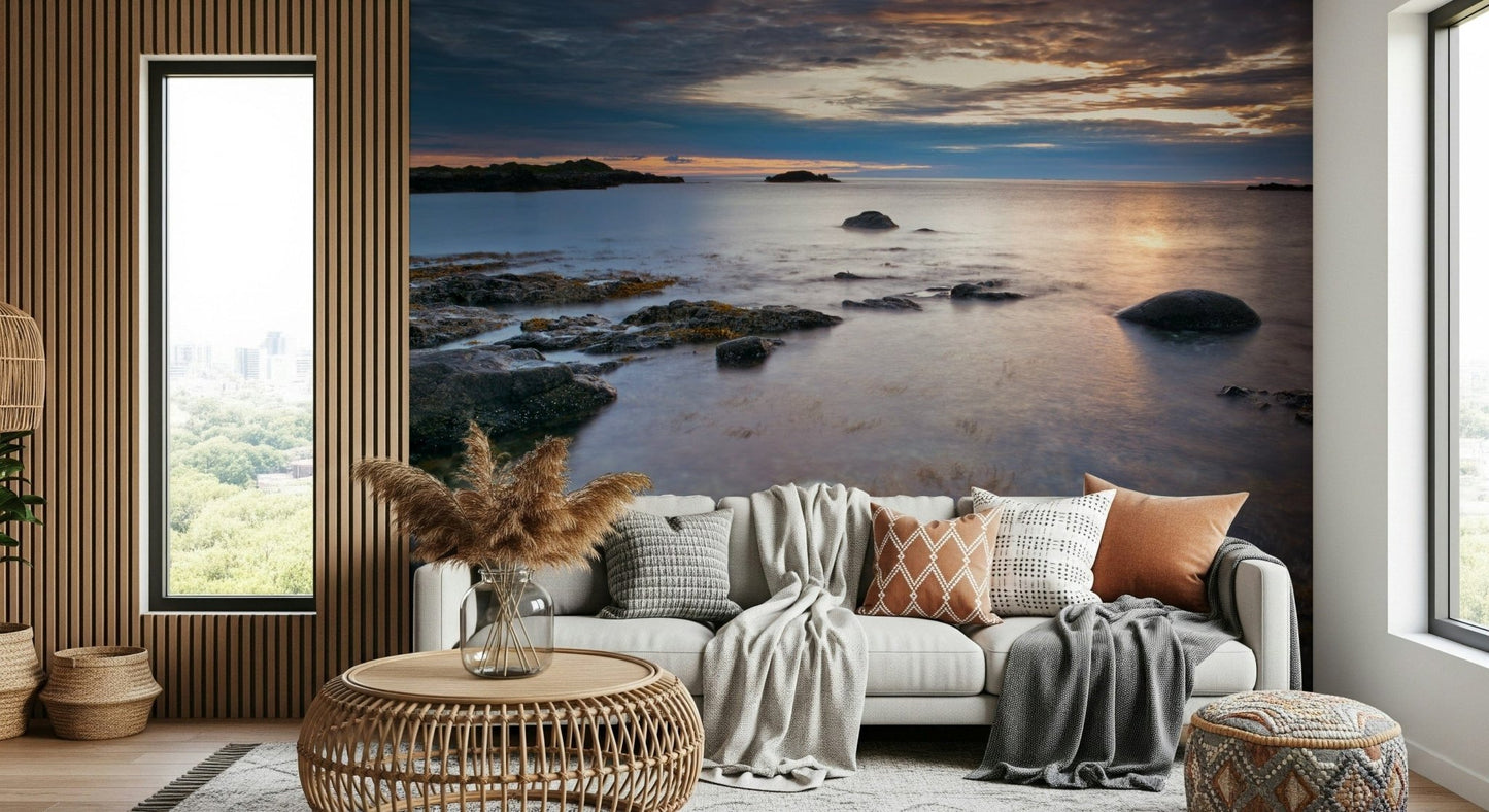 Dining room wall mural with shoreline at dusk, gentle color gradient, contemporary wall decor
