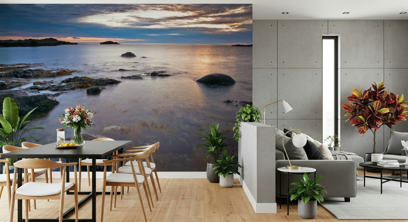 Beach twilight wall mural in modern living room, sunset color sky over ocean, feature wall decor