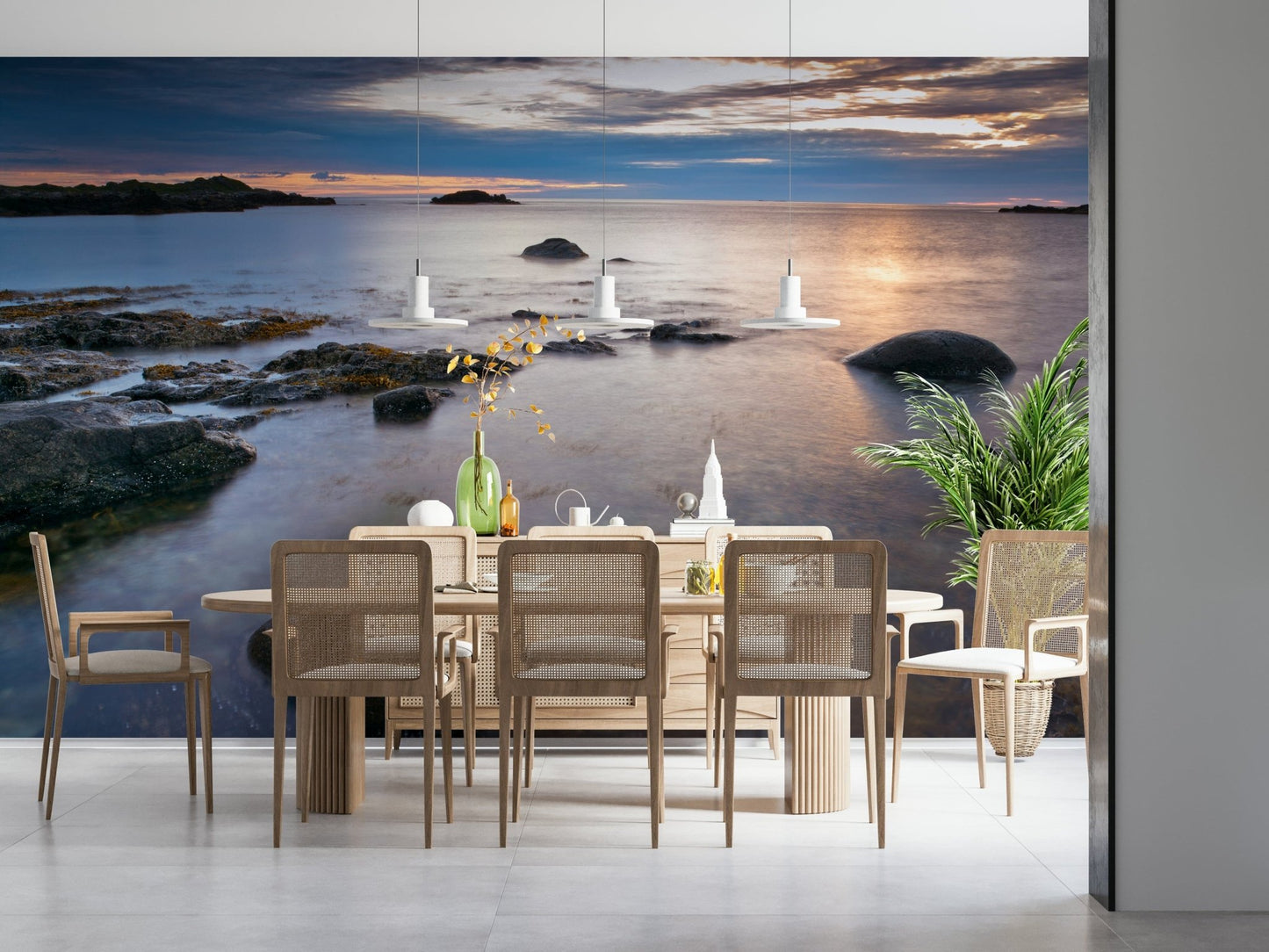 Coastal landscape wall mural for bedroom, twilight sky and ocean, modern decor, soft colors