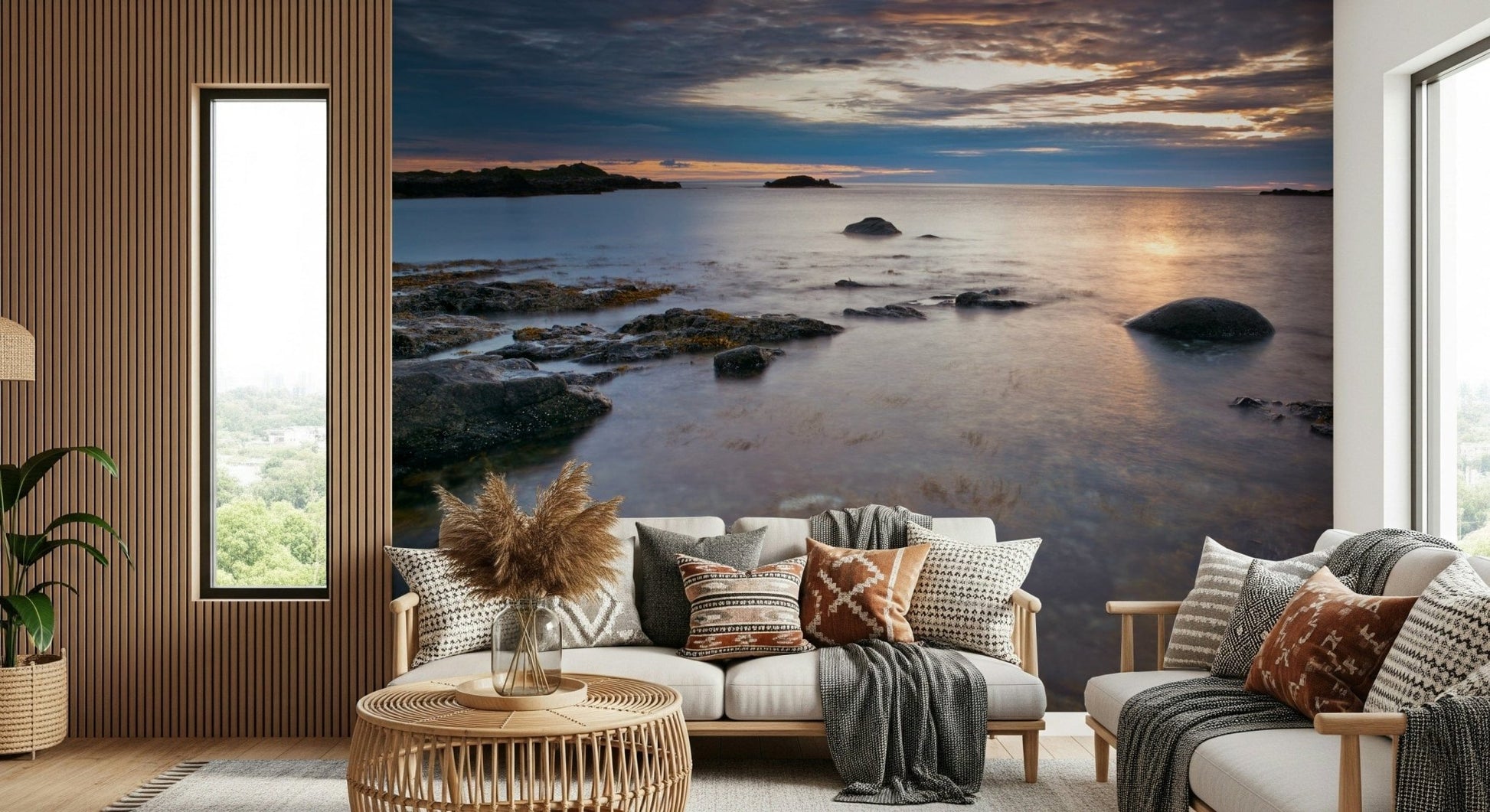 Home office feature wall mural of beach twilight sky, cool color tones, modern landscape decor