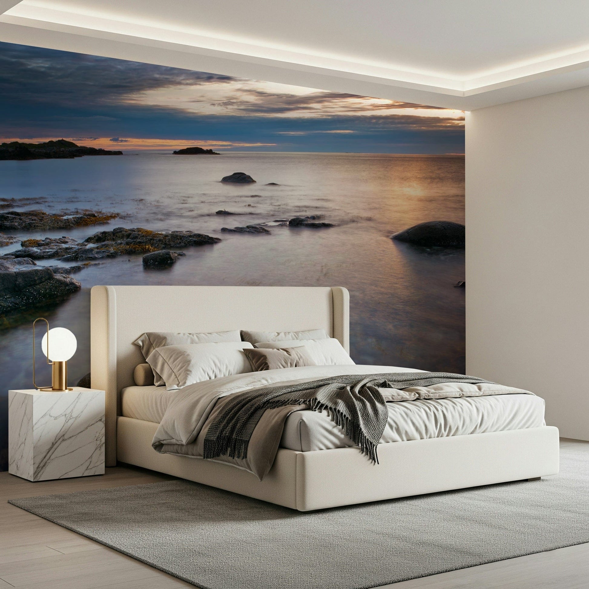 Apartment bedroom wall decor with twilight beach mural, warm sunset color accents, clean look