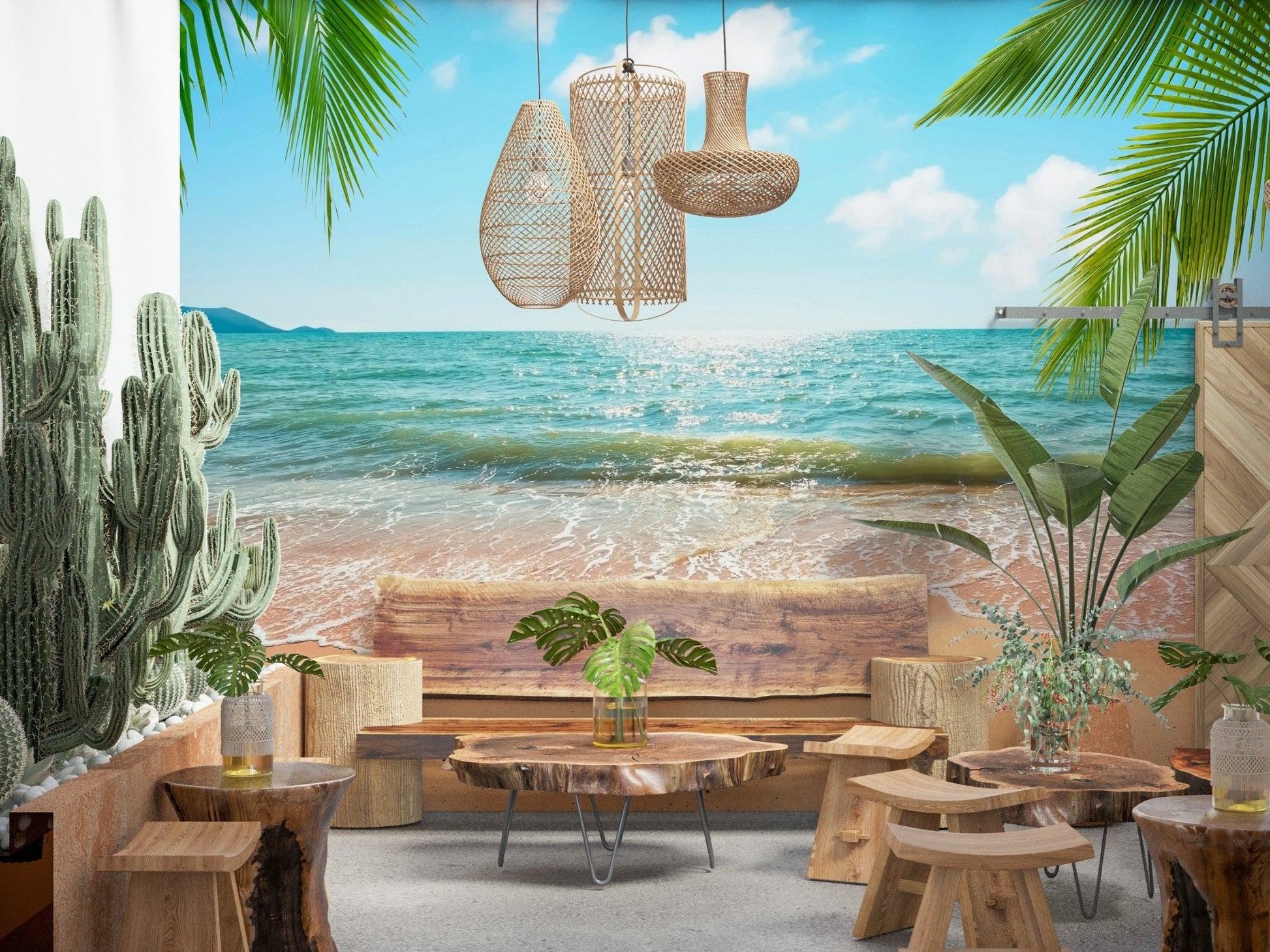Golden Beachside Bliss wall decor, soft shoreline, vivid ocean, inspirational design.
