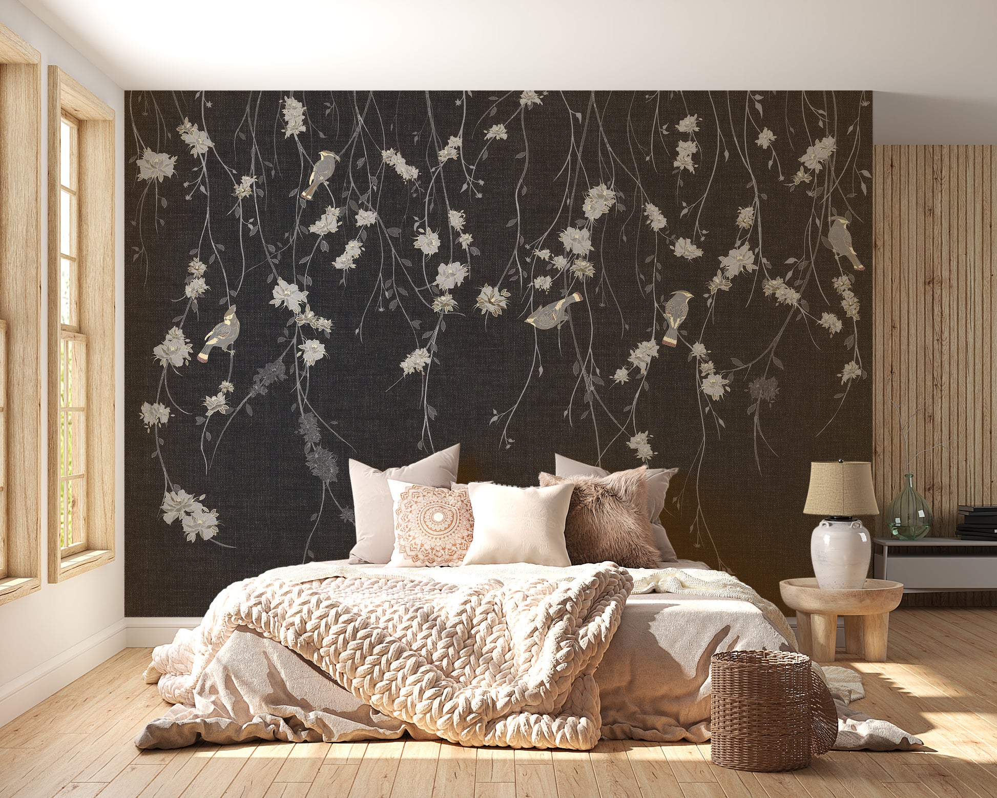 Beautiful Dark Black Flowers & Birds wallpaper mural close-up showing the pattern detail and texture