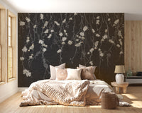 Beautiful Dark Black Flowers & Birds wallpaper mural close-up showing the pattern detail and texture