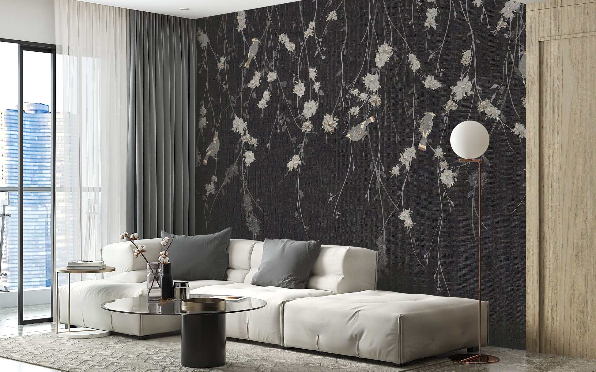Beautiful Dark Black Flowers & Birds wallpaper mural shown as a full feature wall that highlights the design