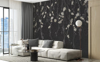 Beautiful Dark Black Flowers & Birds wallpaper mural shown as a full feature wall that highlights the design