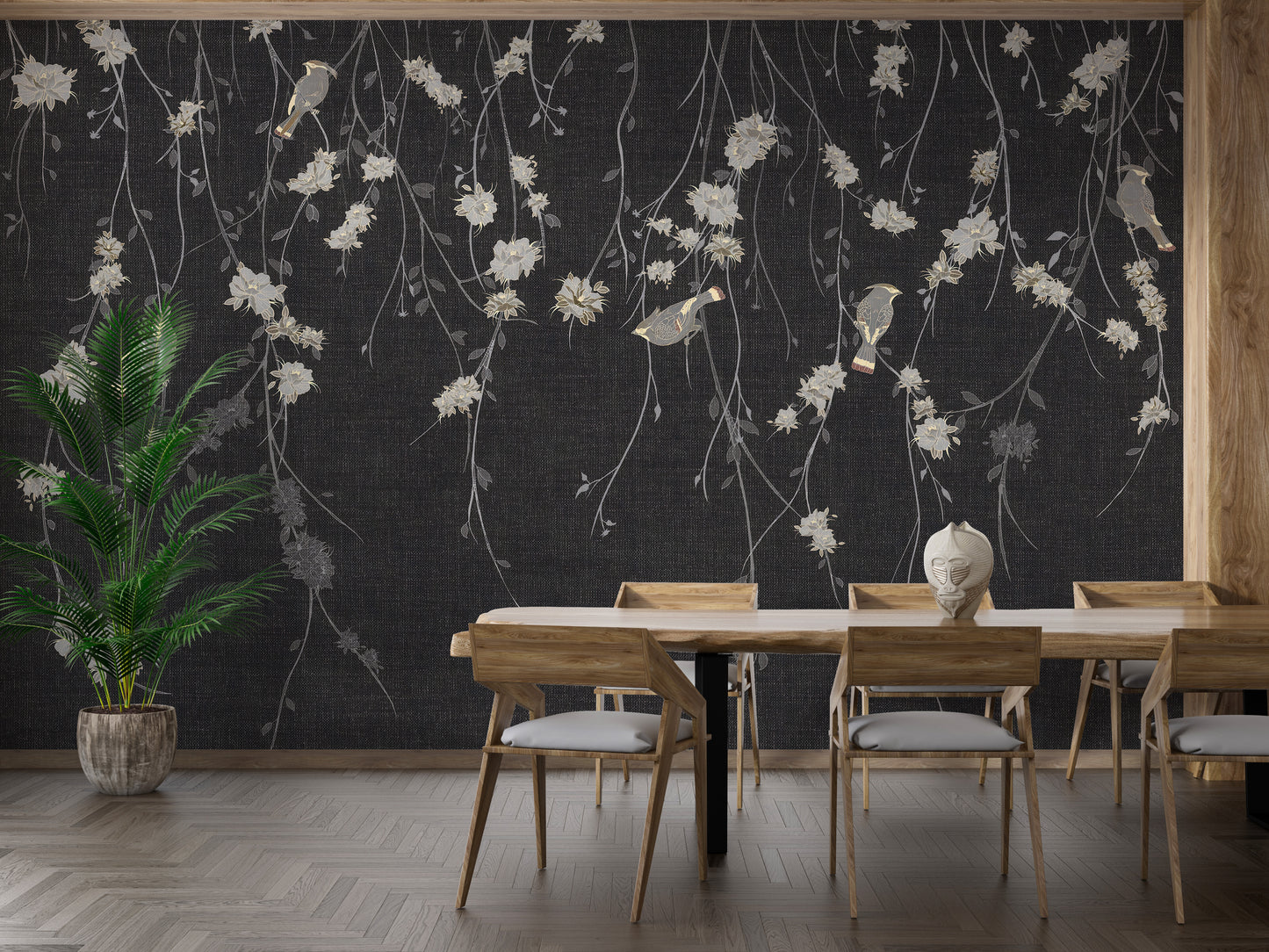 Beautiful Dark Black Flowers & Birds wallpaper mural styled along a hallway feature wall near a console in black and white