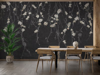 Beautiful Dark Black Flowers & Birds wallpaper mural styled along a hallway feature wall near a console in black and white
