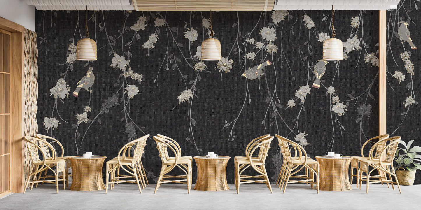 Beautiful Dark Black Flowers & Birds wallpaper mural as a feature wall in a home office workspace in black and white
