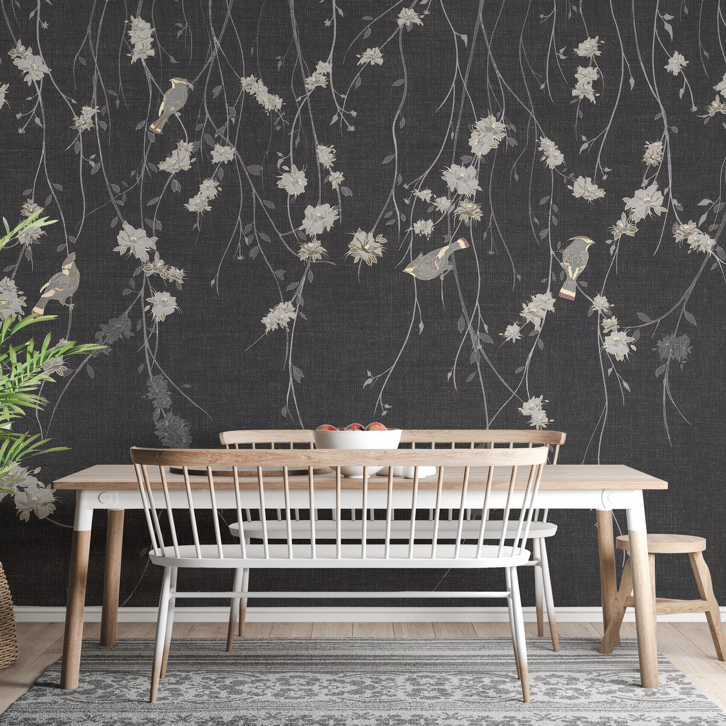 Beautiful Dark Black Flowers & Birds wallpaper mural styled as a feature wall behind a dining table and chairs