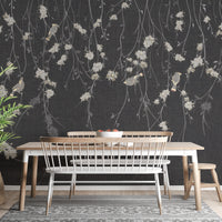 Beautiful Dark Black Flowers & Birds wallpaper mural styled as a feature wall behind a dining table and chairs