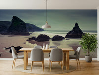 Relaxing beach view mural in minimalist seating space