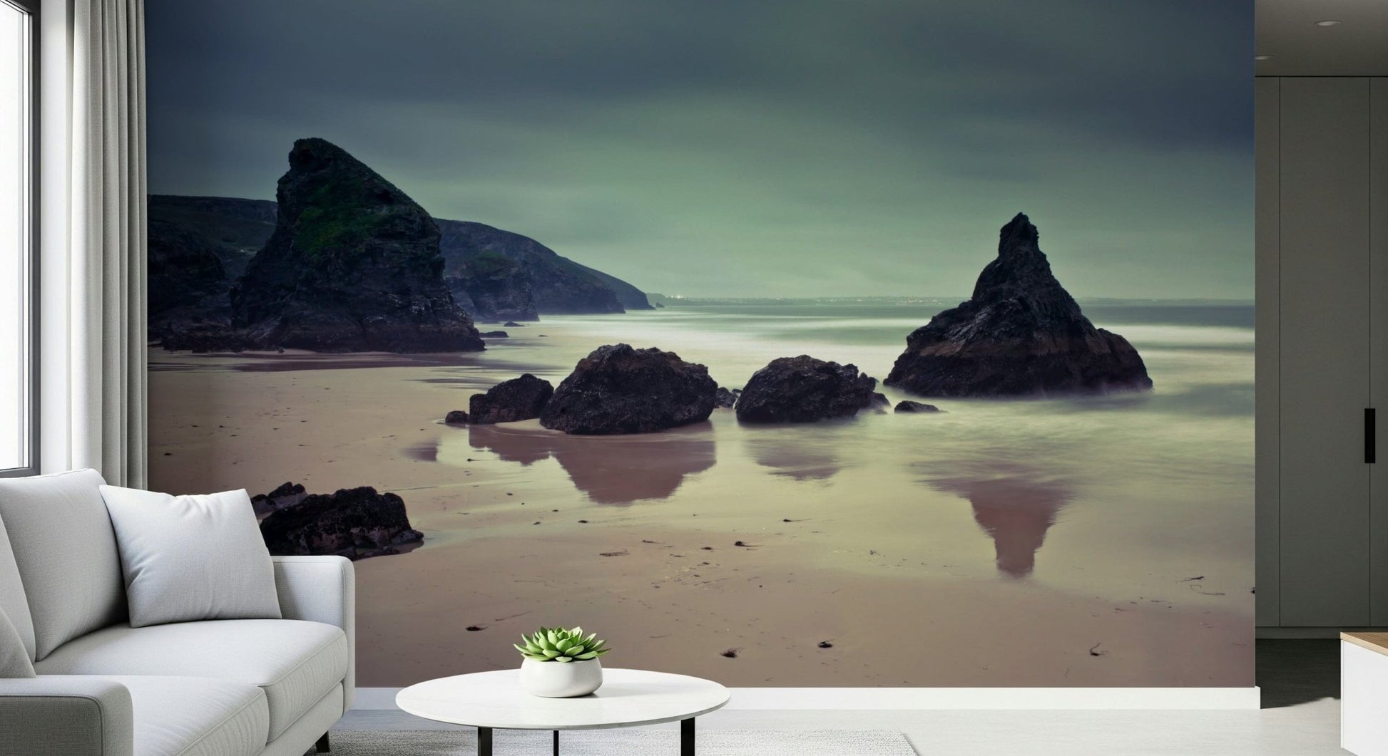 Dark ocean horizon scene on living room wall