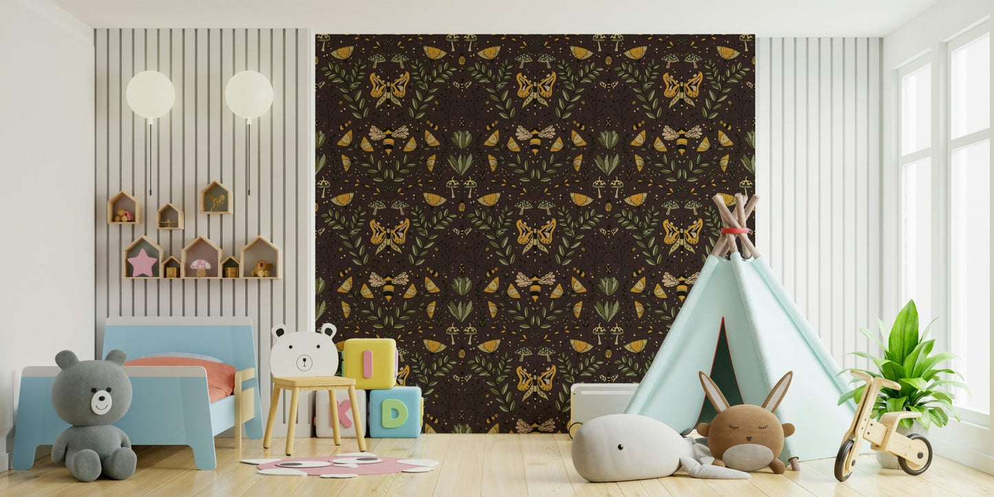 Wallpaper with a pattern of insects and plants.

