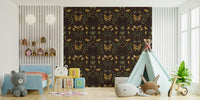 Wallpaper with a pattern of insects and plants.

