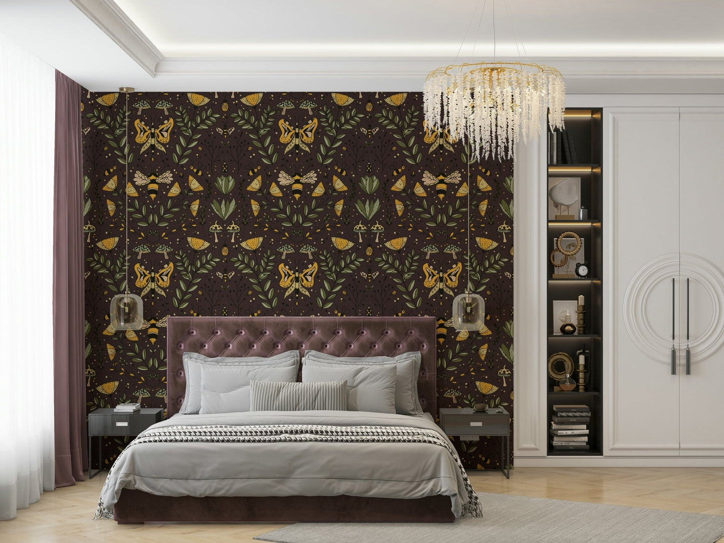 Bees Butterflies and Flowers Brown Wallpaper.

