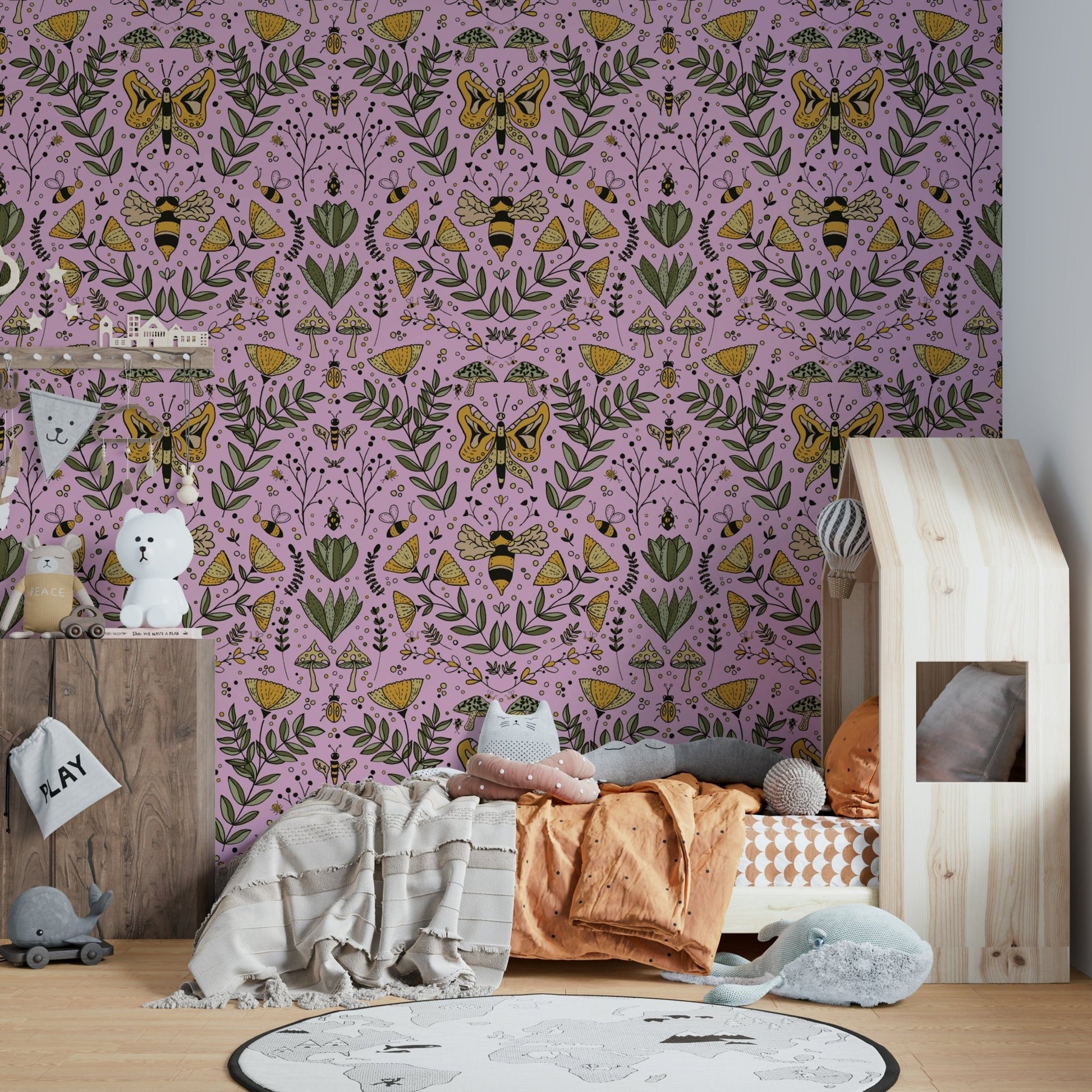 Bees Butterflies and Flowers Pink Wallpaper.

