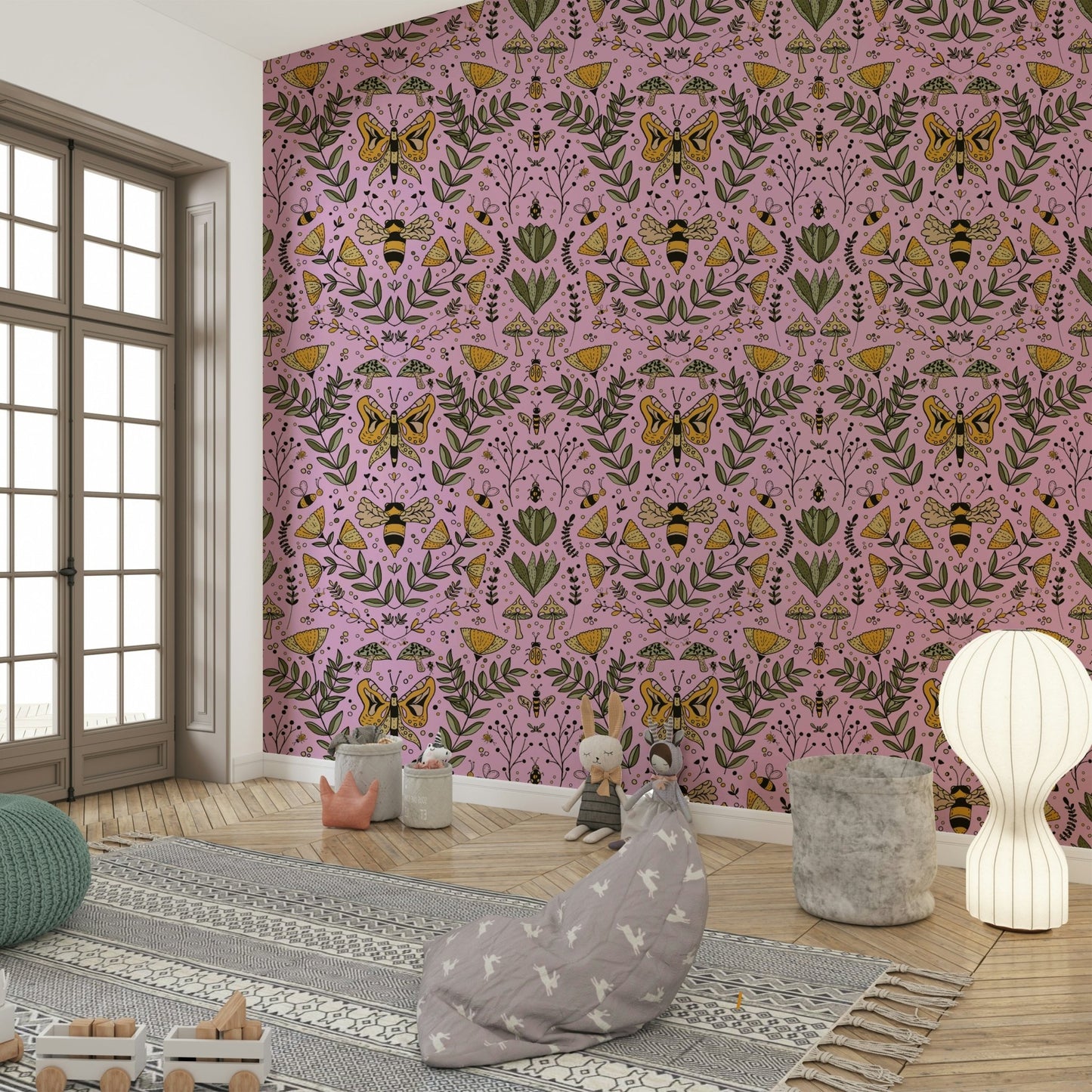 Wallpaper with a pattern of insects and plants.

