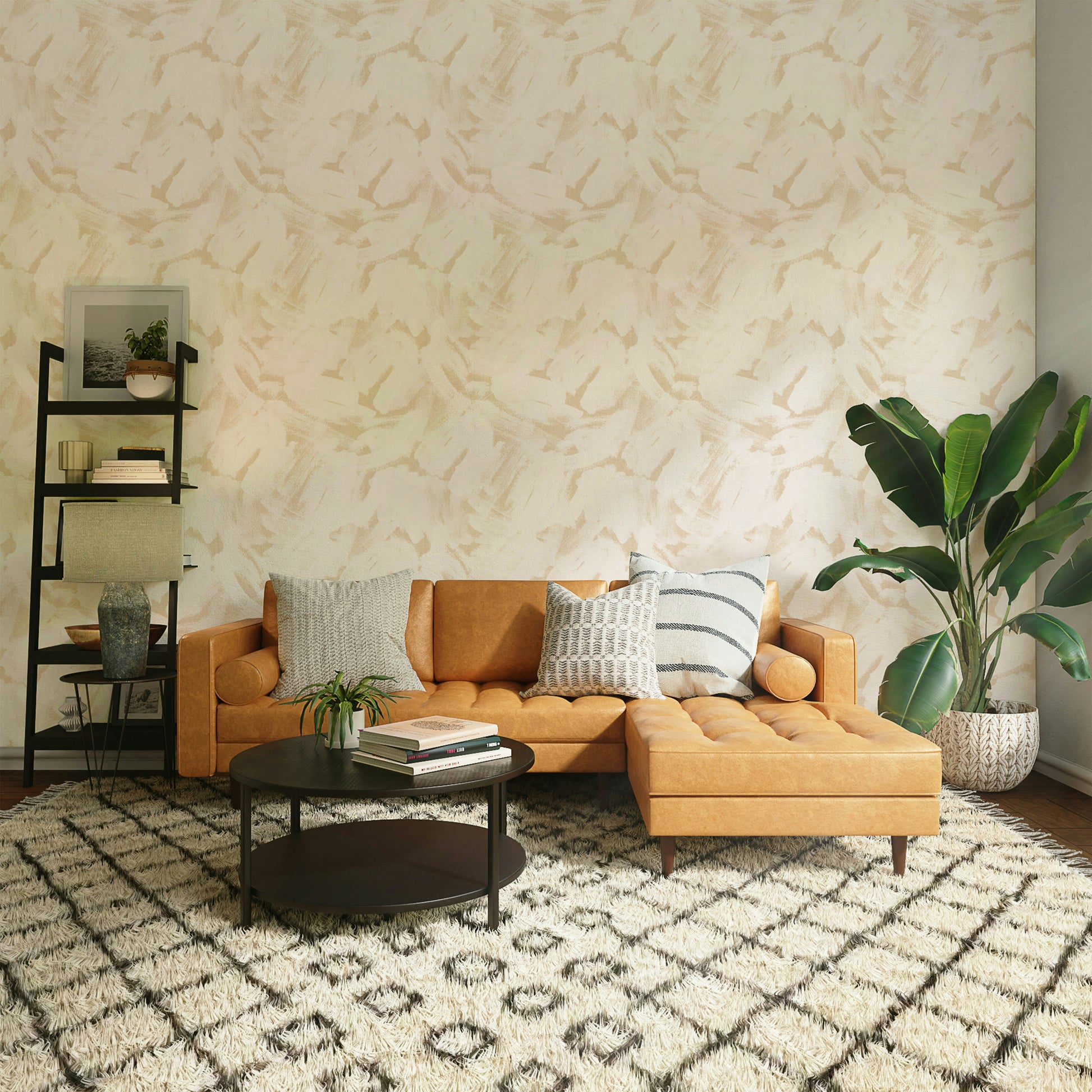 Neutral abstract brushstroke wall design in beige


