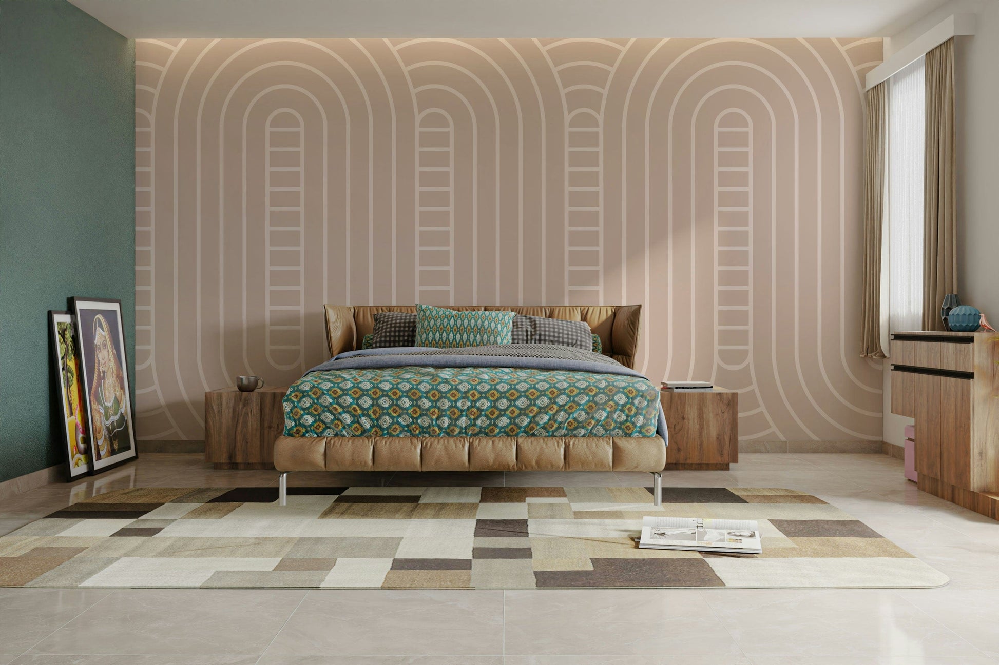 A peaceful wall mural with a modern, curved design.

