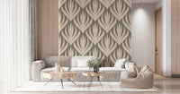 Contemporary wallpaper mural featuring abstract desert flower shapes in muted earthy tones.