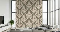 Modern wallpaper mural with repeating desert-inspired floral shapes outlined in pink and white.