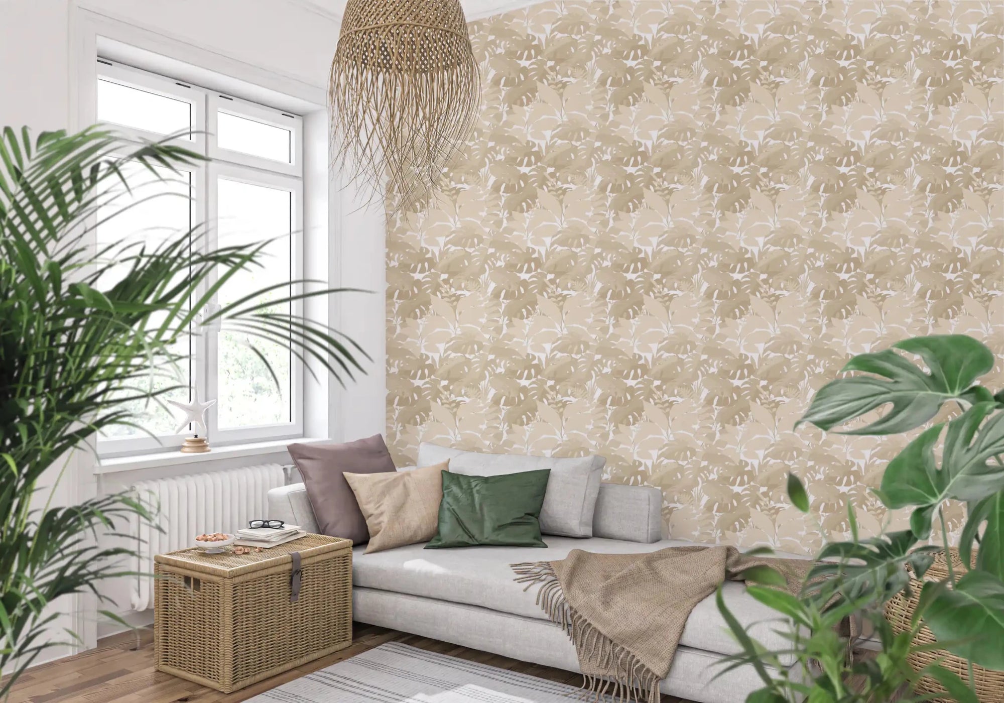 Neutral monstera leaf wallpaper with layered botanical foliage