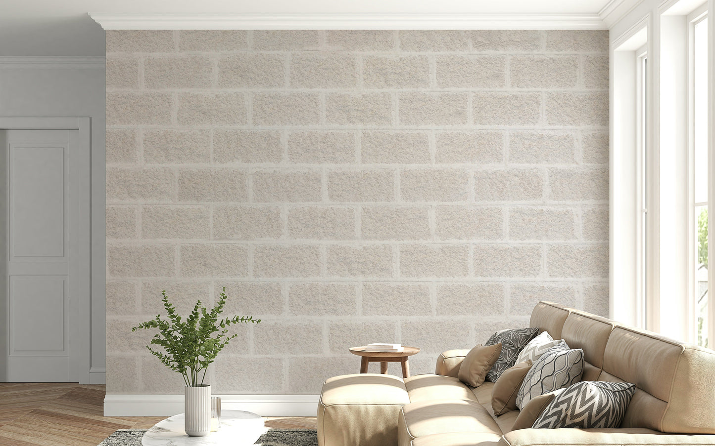 Rustic beige brick wallpaper mural with worn finish for a farmhouse or loft-inspired aesthetic.