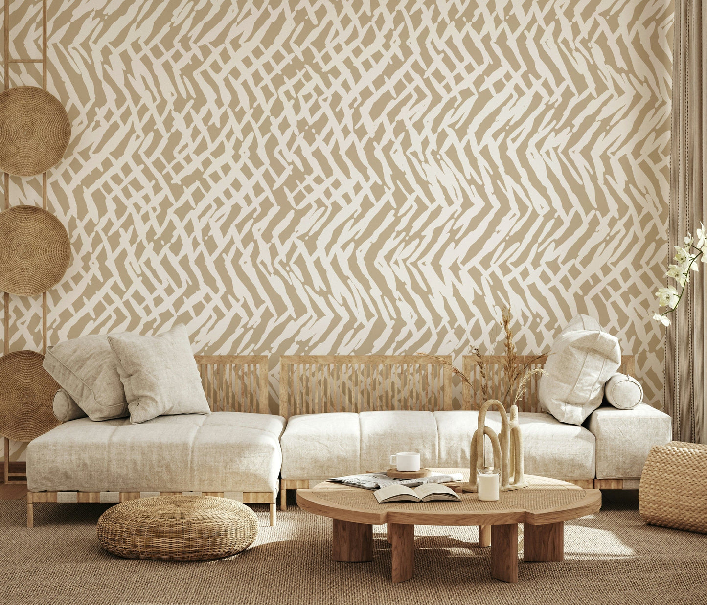 Painterly wall mural featuring woven brushstroke patterns that add texture and movement.