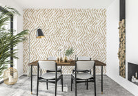 Contemporary wall mural with hand-painted brushstroke weave effect in soft neutral tones.