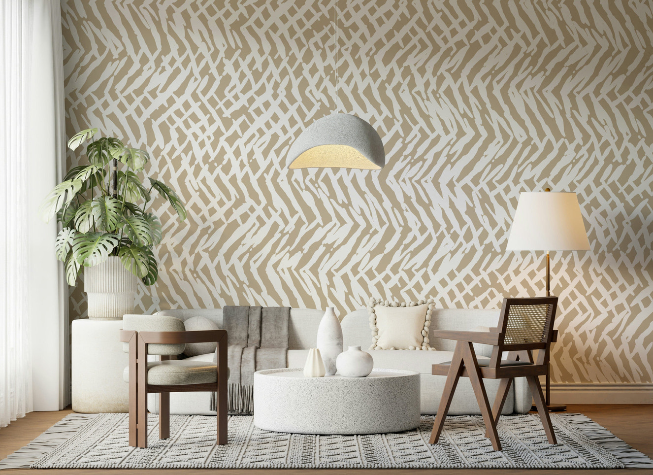 Modern abstract mural combining brushstroke textures and woven patterns for visual depth.