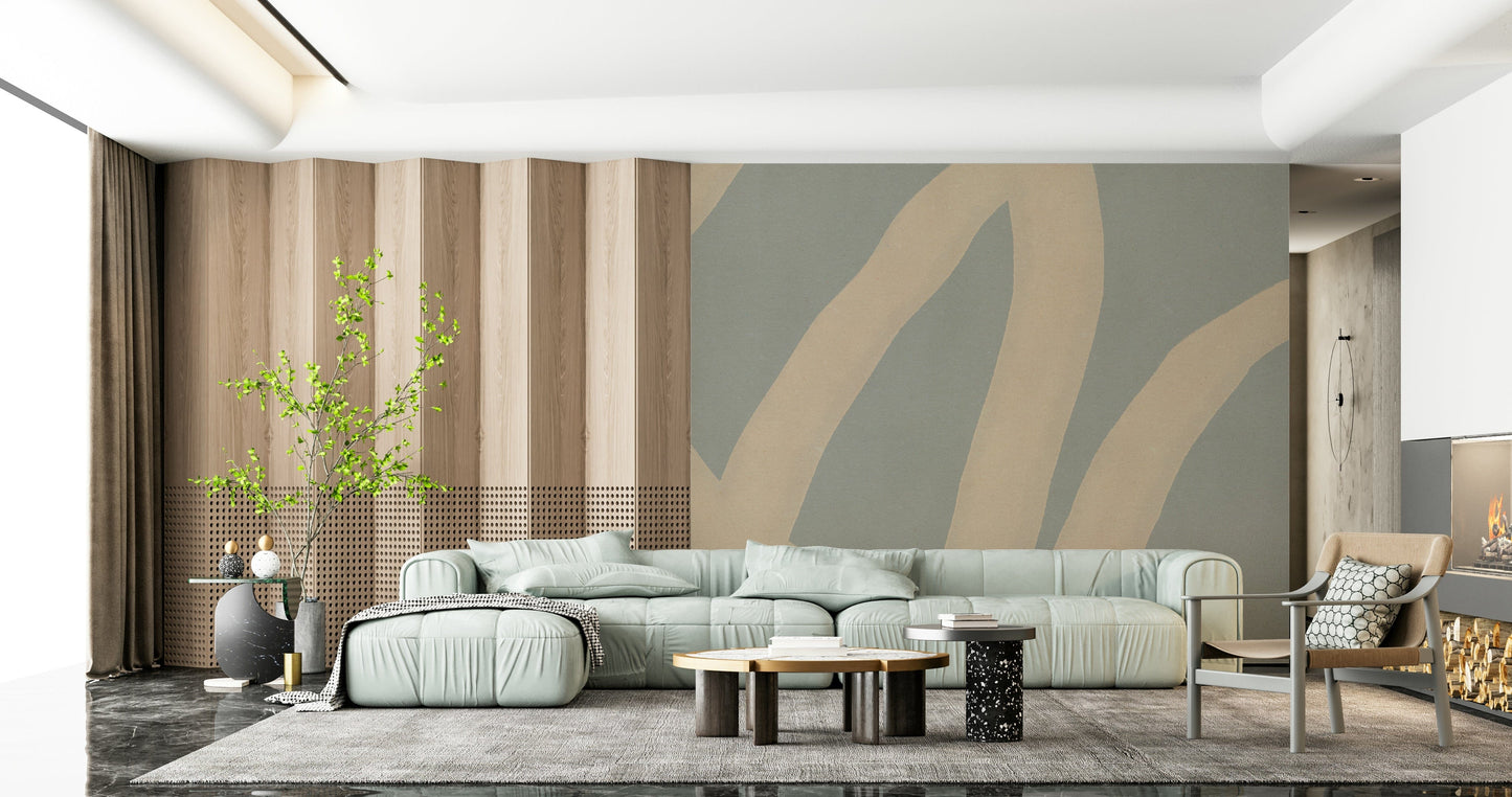 A graceful subtle curve wall mural in cool, tranquil tones.
