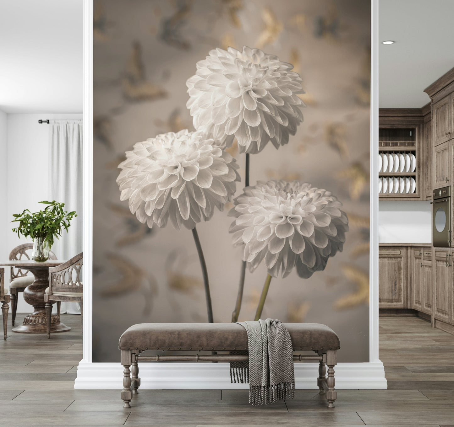 Artistic Beige Blooms wallpaper for walls with butterfly backdrop.